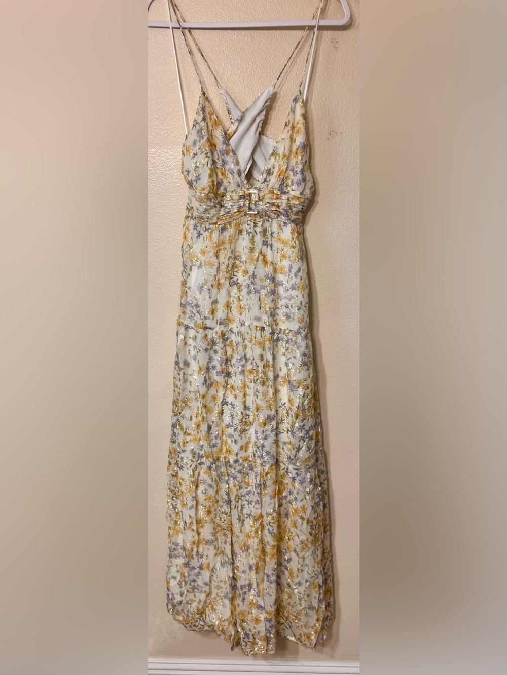 Parker Size 12 Ivory Floral Metallic Gold Tiered Maxi Dress